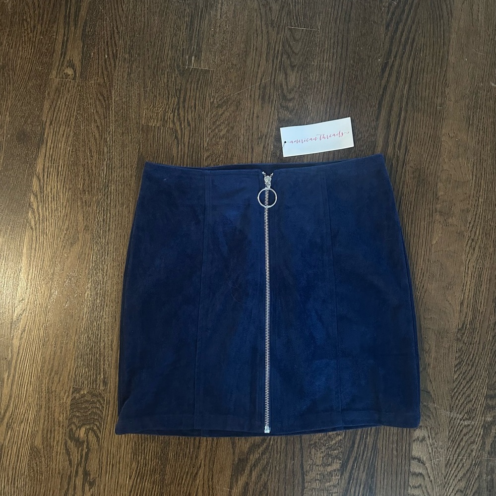 American Threads Navy Blue Suede Zip-Up Mini Skirt (NWT)